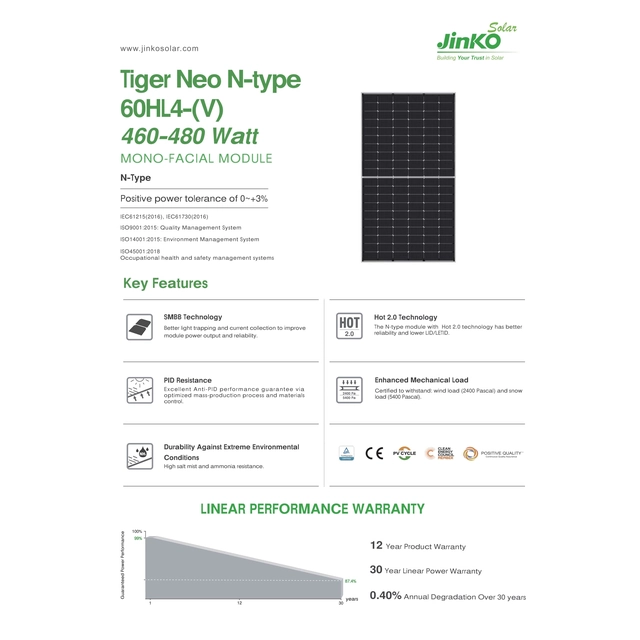 Módulo fotovoltaico Painel fotovoltaico 480Wp Jinko Solar JKM480N-60HL4-V BF Tiger Neo N-Type Monofacial Half Cut BF Black Frame