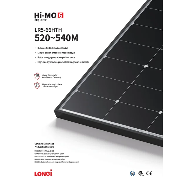 Módulo fotovoltaico Painel fotovoltaico 535W Longi LR5-66HTH-535M Hi-MO 6 Explorer Moldura preta Moldura preta