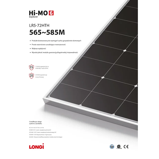 Módulo fotovoltaico painel fotovoltaico 585W Longi LR5-72HTH-585M Hi-MO 6 Explorer Silver Frame Moldura prateada