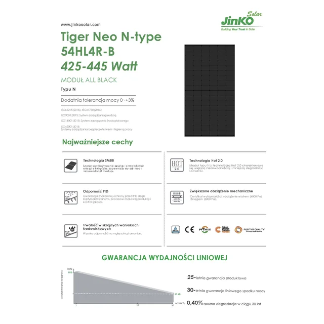 Módulo fotovoltaico panel fotovoltaico 440Wp Jinko JKM440N-54HL4R-B Tiger Neo N-type Full Black