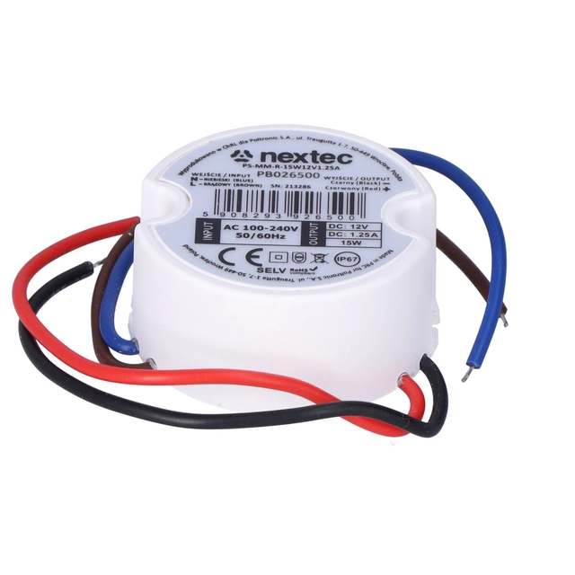 Монтирано мини кръгло LED захранване за вгражданеIP67 / /15W / /1,25A / /12V/ 100-240V