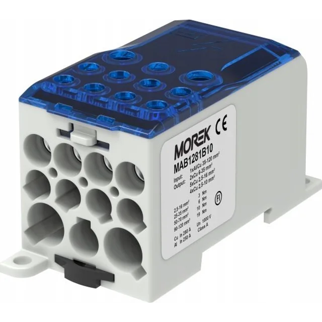 MOREK Blok dystrybucyjny - rozdzielczy OJL280A niebieski mi: 1xAl/Cu 35-120 wy: 2x6-35mm2/5x2,5-16mm2/ 4x2,5-10mm2 1000V MAB1281B10