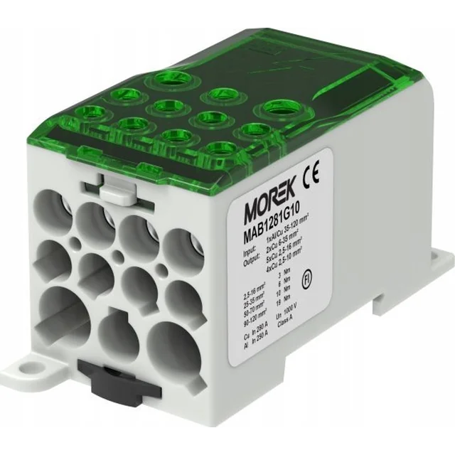 MOREK Blok dystrybucyjny - rozdzielczy OJL280A zielony mi: 1xAl/Cu 35-120 wy: 2x6-35mm2/5x2,5-16mm2/ 4x2,5-10mm2 1000V MAB1281G10