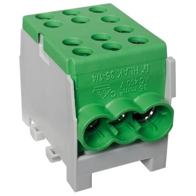 Morsetto di distribuzione derivazione polo 1 su guida DIN omega ingressi 3 ( 1x35+2x25mm2) su ciascun lato, verde per messa a terra