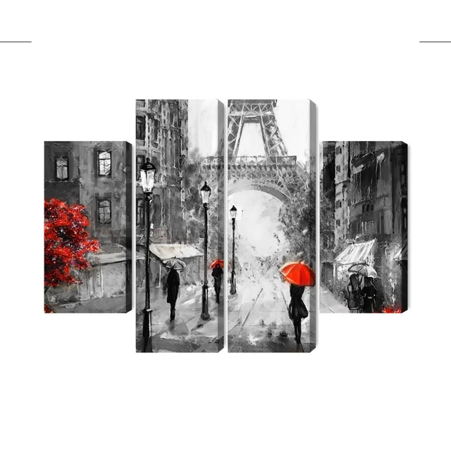 Multi-part painting People with red umbrellas on the street of Paris