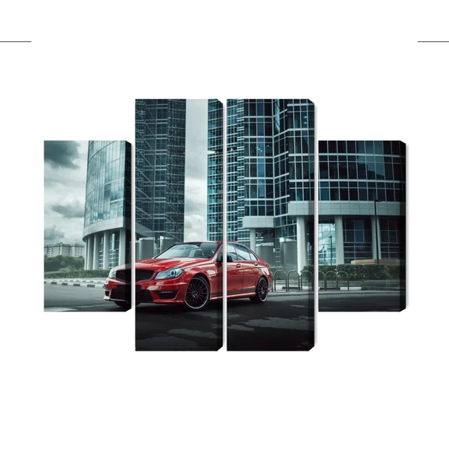 Multi-part Picture of a Red Car Against the Background of Modern Skyscrapers