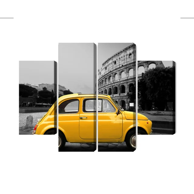 Multi-part Picture of a Yellow Retro Car Against the Background of the Colosseum