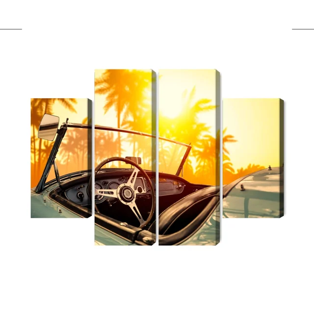 Multi-piece Picture of a Car View at Sunset in Retro Style