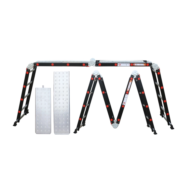 Multifunctional aluminum ladder 4x4 473 cm NVLG-44 BLACK PREMIUM + wheels + floor