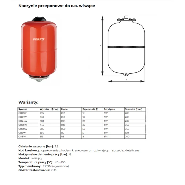 Naczynie R18 do CO wiszące