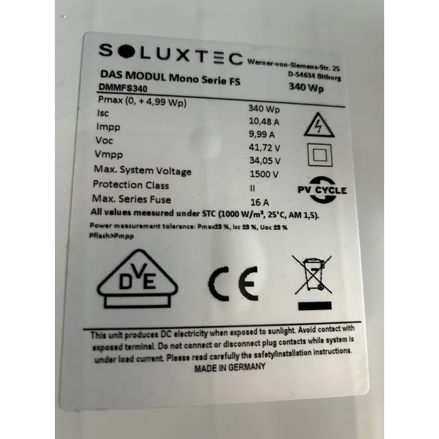 napelem modul; PV modul; Soluxtec DMMFS340