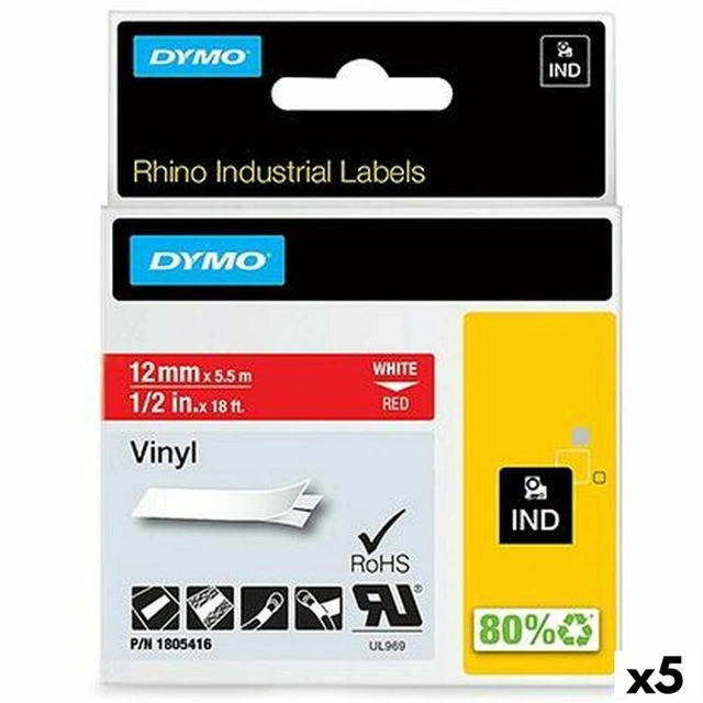 Nastro laminato per stampante di etichette Rhino Dymo ID1-12 12 x 5,5 mm Rosso Bianco Adesivi autoadesivi (5 pezzi)