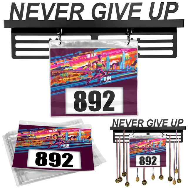 NEVER GIVE UP medals and starting numbers hanger