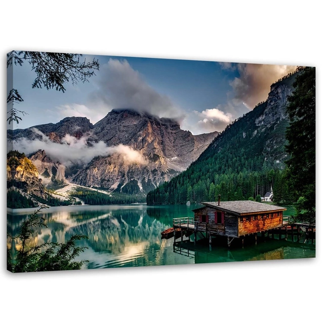 Obraz na plátně, Chata u jezera v horách -120x80