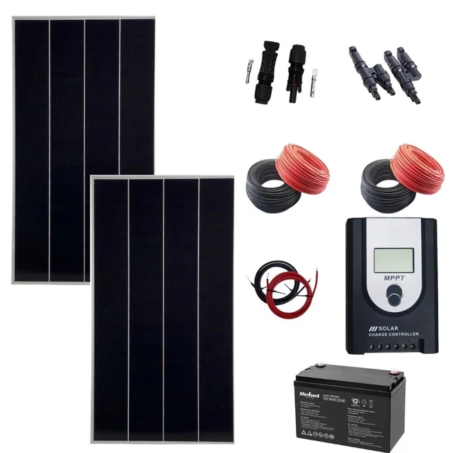 OFF GRID systeem 340w met 2 fotovoltaïsche panelen 170W, accu 12V 100AH REBEL, Controller, Verbindingskabel, set connectoren MC4-T, zonnekabel 4mm, set connectoren % p7/% voor zonnepanelen