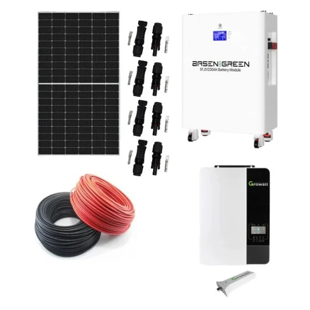 Off grid systeem 5KW met 14 Monokristallijne fotovoltaïsche panelen 380W, Batterij LifePo4 bms 11.7kWh, Growatt omvormer 5kW met wifi-module en accessoires