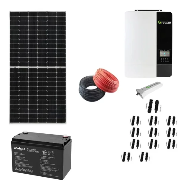 Off grid-system 5KW med 12 Monokristallina solcellspaneler 380W, Ackumulator 12V 100 Ah Rebel Power, Growatt-växelriktare 5kW, Röd och svart solcellskabel 40m, Paket %p7 /% Anslutningar