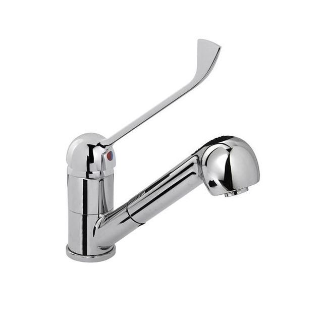 ONE HOLE MIXER TAP WITH CHROMED CLINICAL LEVER SWINGING SPOUT AND EXTRACTABLE SHOWER