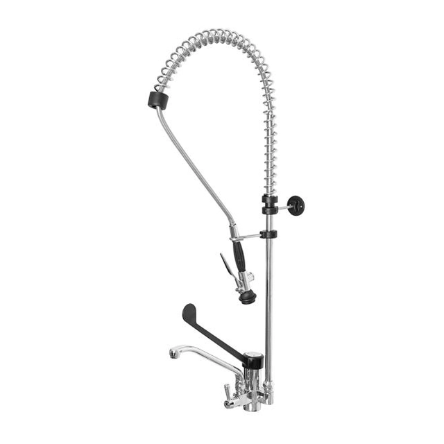 ONE HOLE PRE-RINSE UNIT WITH SWINGING SPOUT, PLASTIC CLINICAL LEVER AND BASIC SHOWER HAND