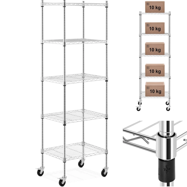 Opengewerkte draadmagazijnstelling op wielen 5 planken tot 50 kg 60x45x186 cm