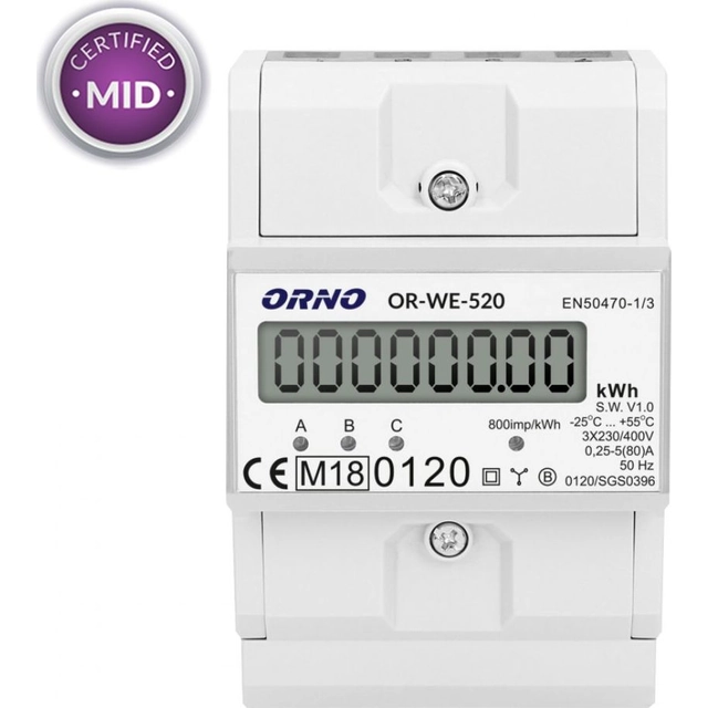 Orno 3-fazowy licznik energii elektrycznej, 80A, MID, 3 moduły, DIN TH-35mm