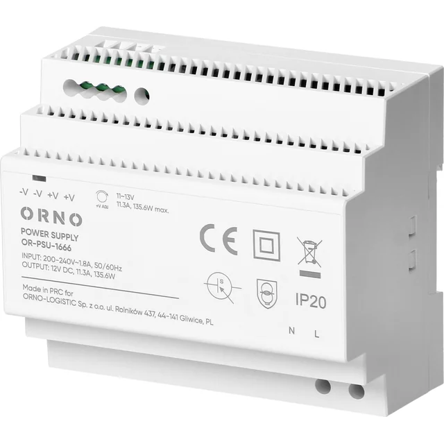 Orno DIN-skinne strømforsyning, 12VDC, 11,3A, 135,6W, 6 moduler