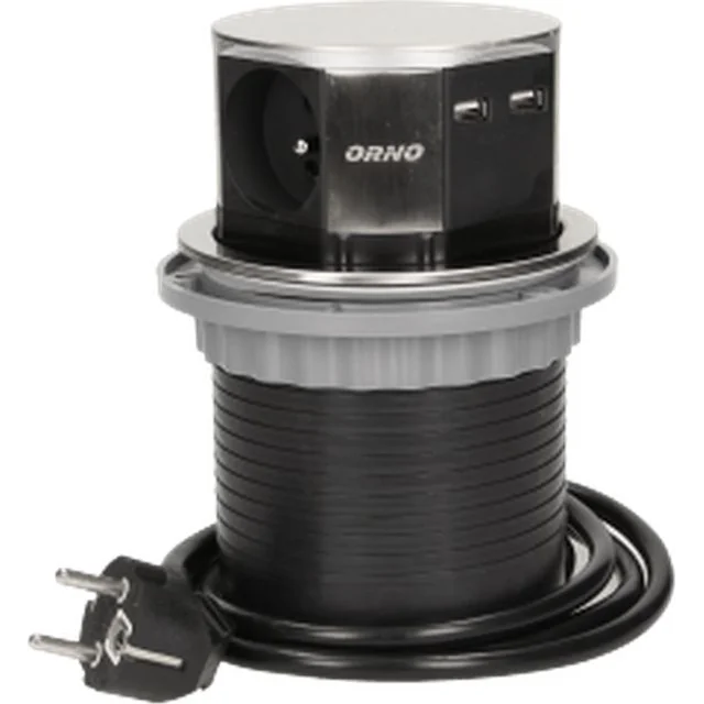 Orno Meubelstopcontact?10cm uitschuifbaar vanaf het tafelblad met USB-oplader en kabel 1,5m, 3x2P+Z, 2xUSB, INOX