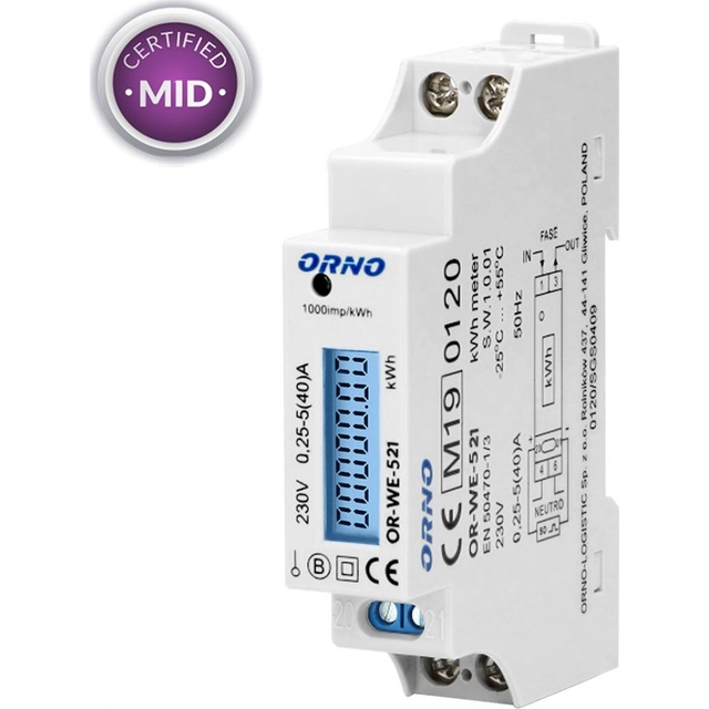 Orno ORNO 1-fazowy elektriciteitsmeter, 40A, MID, pulsuitgang, achtergrondverlichting, 1 module OR-WE-521