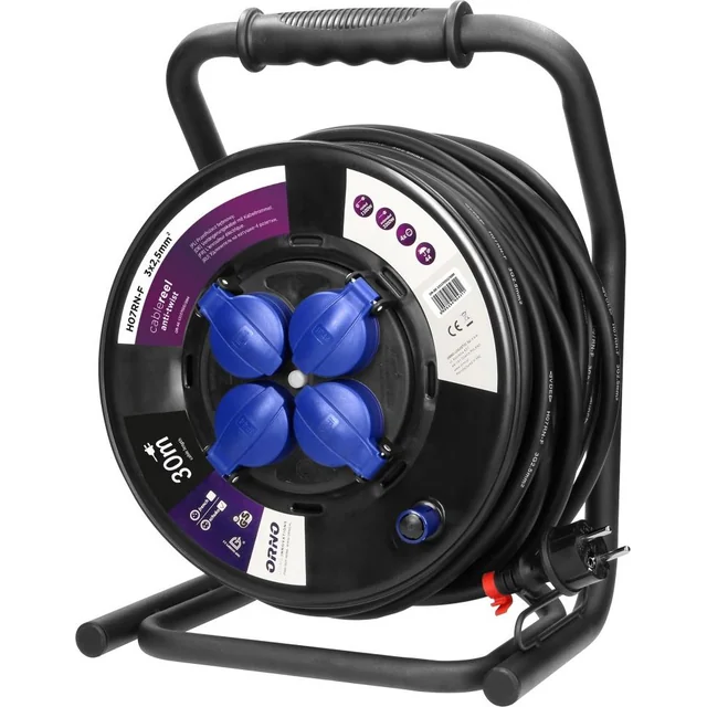 Orno Professional макара удължителен кабел IP44, 4 гнезда 2P+Z (шуко), маслоустойчив гумен кабел, H07RN-F 3x2,5mm?, дължина 30m, избягва