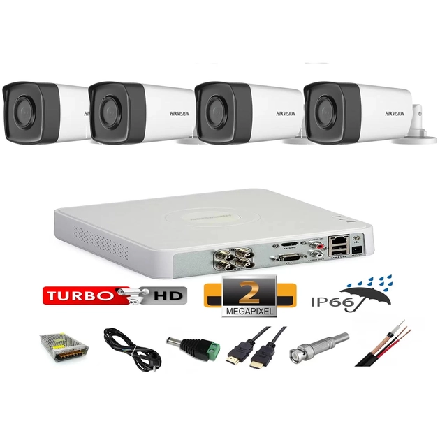 Outdoor professional video surveillance system 4 cameras 2MP Hikvision Turbo HD 40m IR full accessories accessories, internet