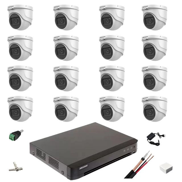 Overvågningssystem 16 kameraer 5MP Hikvision 2.8mm IR 30m, DVR AcuSense 16 videokanaler, installationstilbehør