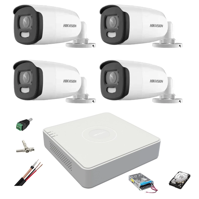 Overvågningssystem 4 ColorVU Hikvision-kameraer 5MP, hvidt lys 40m, 2.8mm, DVR 4 kanaler, monteringstilbehør, harddisk 1TB