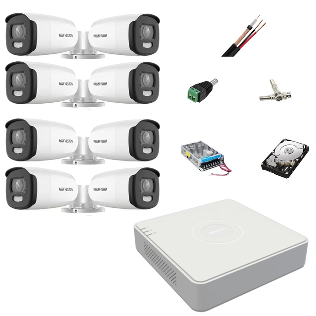 Overvågningssystem 8 Hikvision ColorVu udvendige kameraer 5MP, hvidt lys 40m, DVR 8 Hikvision-kanaler, tilbehør, harddisk