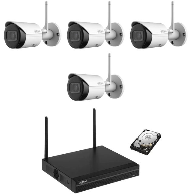 Övervakningssystem 4 Dahua WiFi IP-kameror 4MP, IR 30m, 2.8mm, mänsklig upptäckt, kortplats, mikrofon, NVR 4 kanaler 4K WiFi, hårddisk 1TB