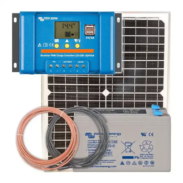 Panel solar 20W y batería AGM 8Ah con controlador LCD