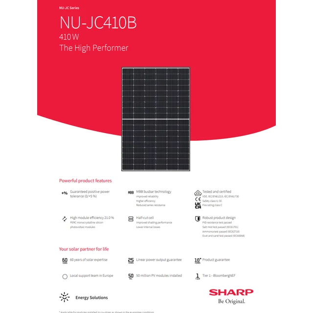 Panneau photovoltaïque Sharp NU-JC410B, cadre noir, 410W, 21% efficacité, 25 ans de garantie, commande minimum 1 palette