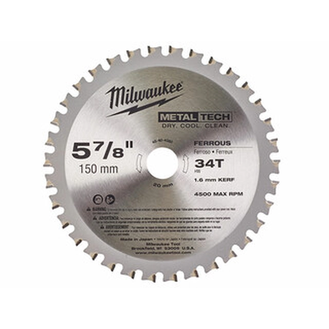 Pânză de ferăstrău circular Milwaukee pentru oțel - inox Număr de dinți: 34 buc | 150 x 20 x 1,2 mm