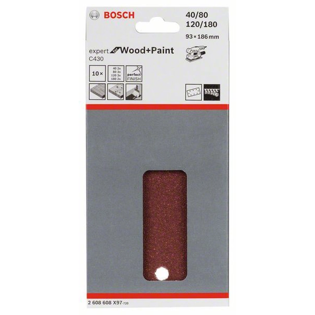 Papel de lija BOSCH C430, embalaje 10 piezas 93 X 186 mm,2x40- 3x80- 3x120- 2x180