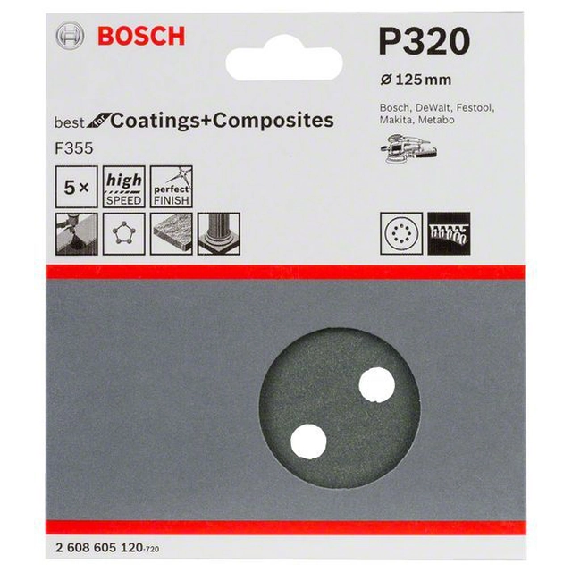Papel de lija BOSCH F355, embalaje 5 piezas 125 mm,320