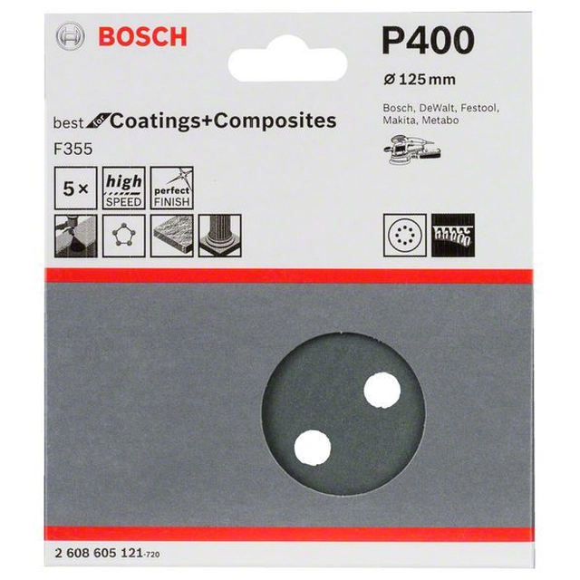Papel de lija BOSCH F355, embalaje 5 piezas 125 mm,400