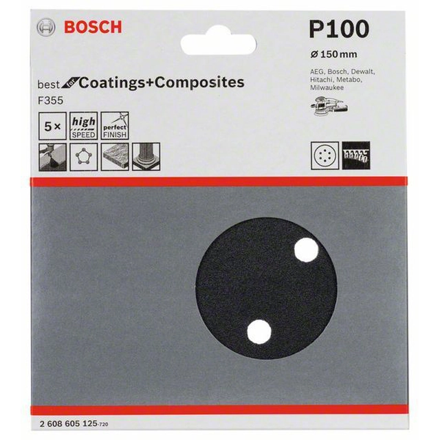 Papel de lija BOSCH F355, embalaje 5 piezas 150 mm,100