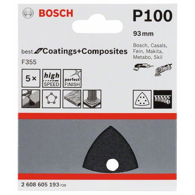Papel de lija BOSCH F355, embalaje 5 piezas 93 mm,100