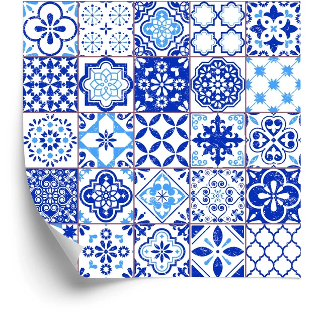 Papel de parede retrô - azul - mosaico branco