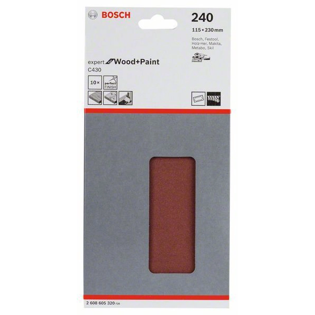 Papier abrasif BOSCH C430, emballage 10 pièces 115 X 230 millimètre,240