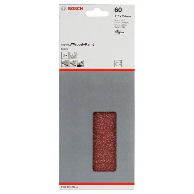 Papier abrasif BOSCH C430, emballage 10 pièces 115 X 280 millimètre,60