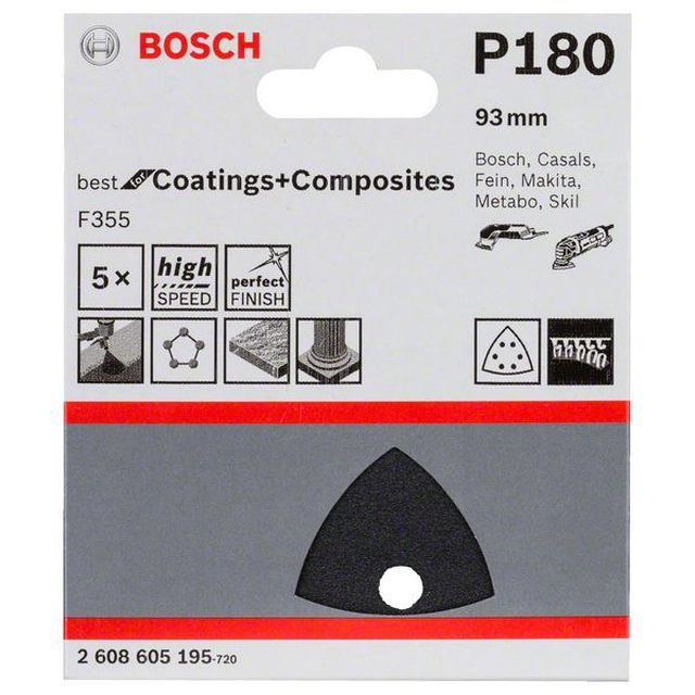 Papier abrasif BOSCH F355, emballage 5 pièces 93 millimètre,180