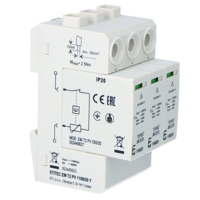 Pārsprieguma ierobežotājs T2 ETITEC EM PV sistēmām T2 PV 1100/20 Y