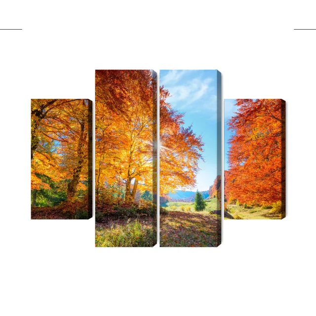 Peinture en plusieurs parties d'arbres d'automne colorés