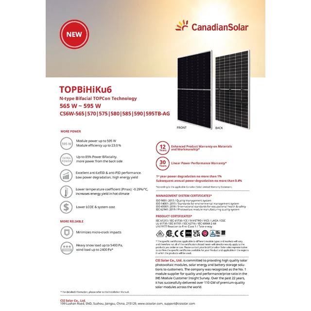 Φωτοβολταϊκή μονάδα Φ/Β πάνελ 575Wp Canadian Solar CS6W-575TB-AG TopBiHiKu6 N-Type Bifacial SF Ασημένιο πλαίσιο