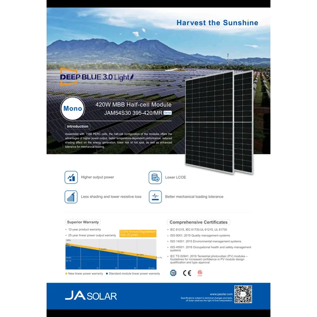 Φωτοβολταϊκό στοιχείο Ja Solar JAM54S30-410/MR 410W Μαύρο